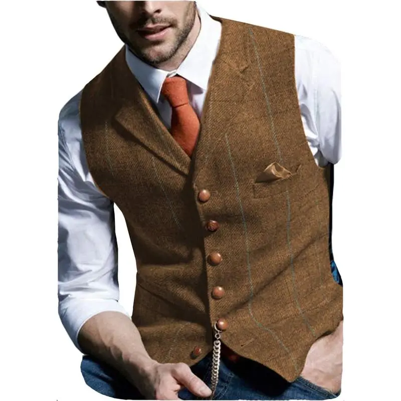 Men's Retro Tweed Vest Herringbone Wool-Polyester Blend Classic Formal & Casual Sleeveless Waistcoat Dress Fabric