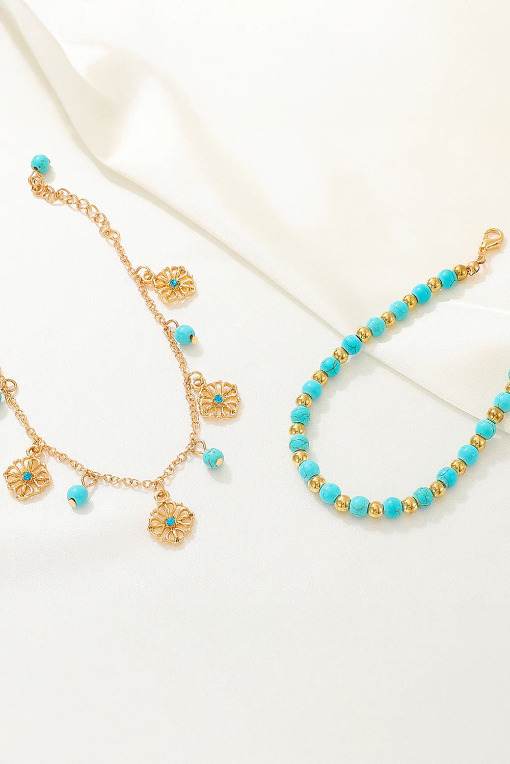 Gold Turquoise Beaded Flower Charm Layered Adjustable Anklet