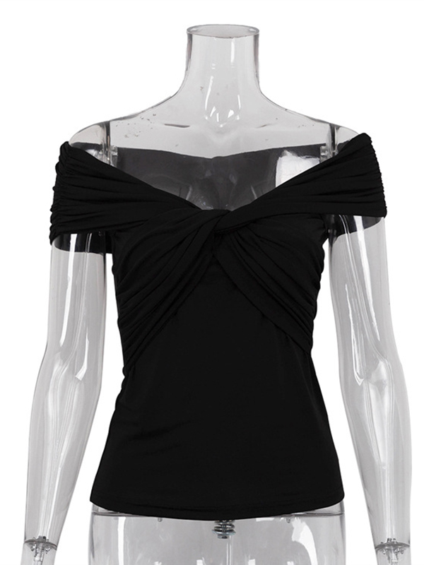 Knot Pleated Solid Color Split-Joint Short Sleeves Skinny Boat Neck T-Shirts Tops