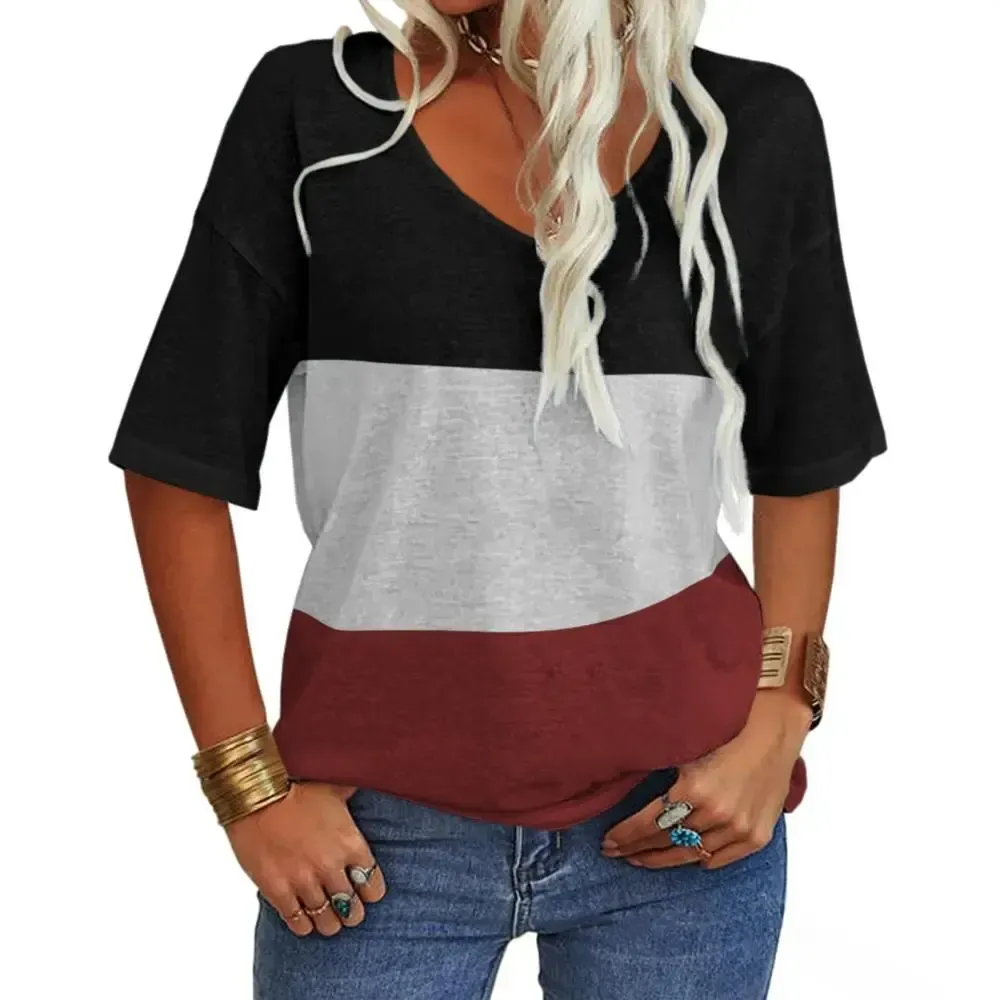 Women Soft V Neck Tshirt Half Sleeve Lightweight Solid Color Loose Fit Minimalist Top