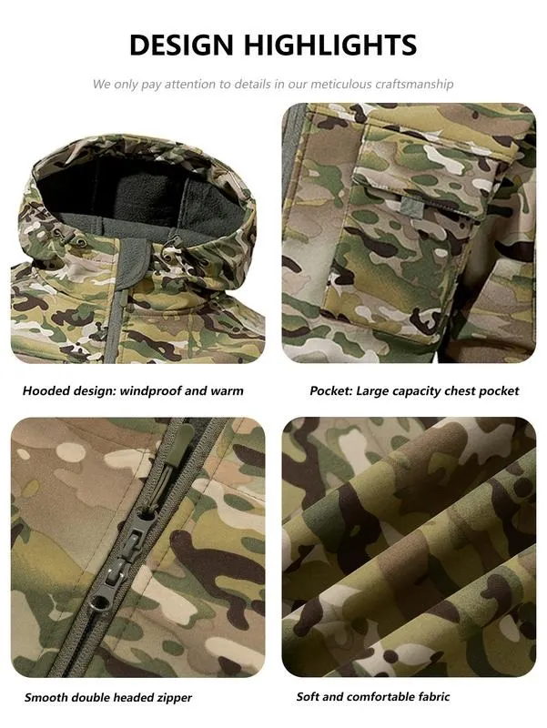 Men's Multi-Pocket Workwear Hooded Jacket, Fleece Waterproof Jacket