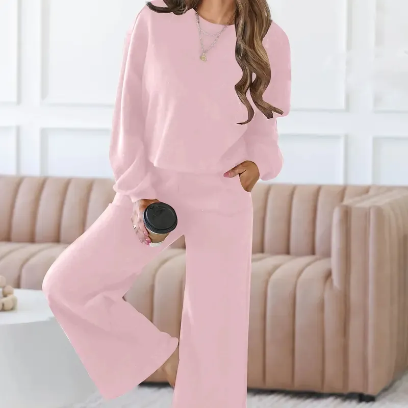 Women's Spring Fall Relaxed Fit 2-Piece Lounge Set | Long Sleeve Top & Wide Leg Pants