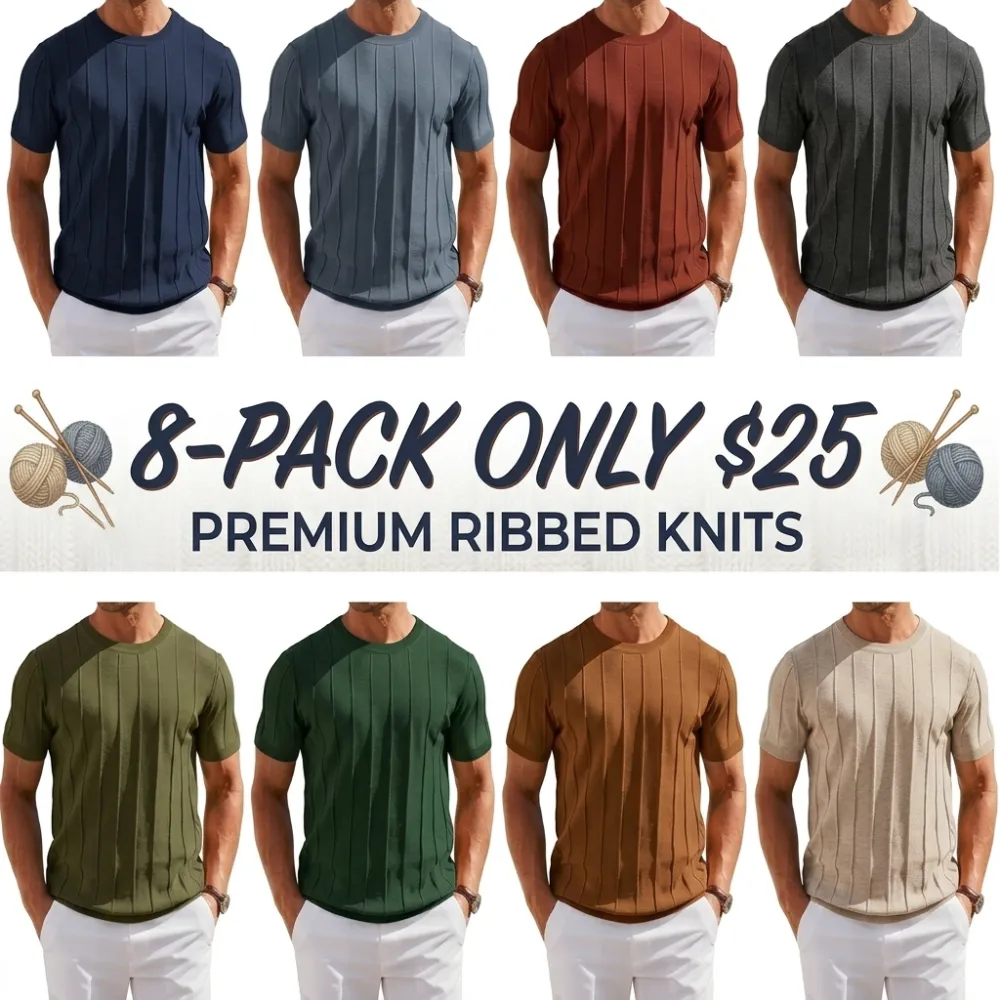 Last Day Promotion 🔥🔥 Crewneck Ribbed Pullover Men's T- Shirts Short Sleeve Knit Casual Tees
