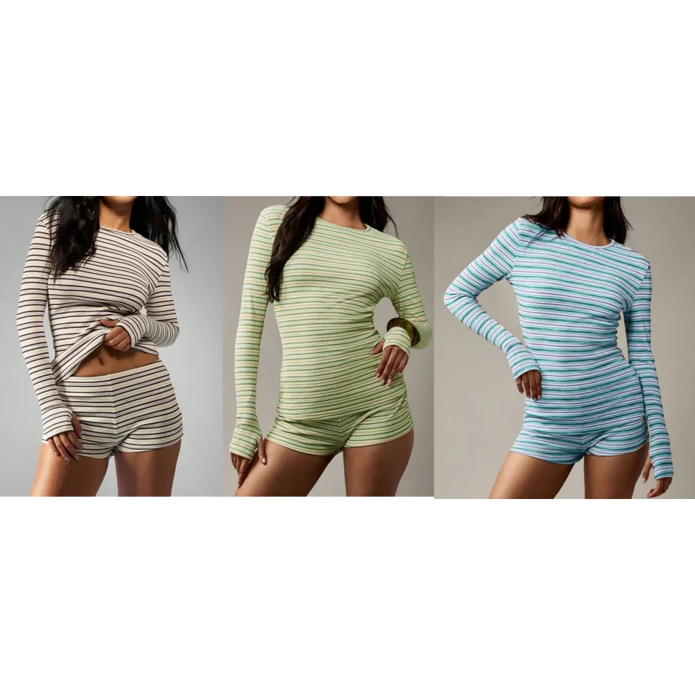 Women's Striped Knit Long Sleeve Top & High Waist Sporty Shorts Set