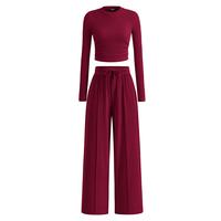 2-Piece Ribbed Knit Long Sleeve Crop Top Wide Leg Pants Matching Lounge Set Loungewear