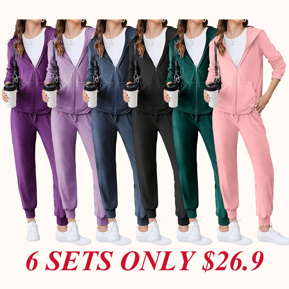 Women's Casual Velour Tracksuit Set Full Zipper Hoodie