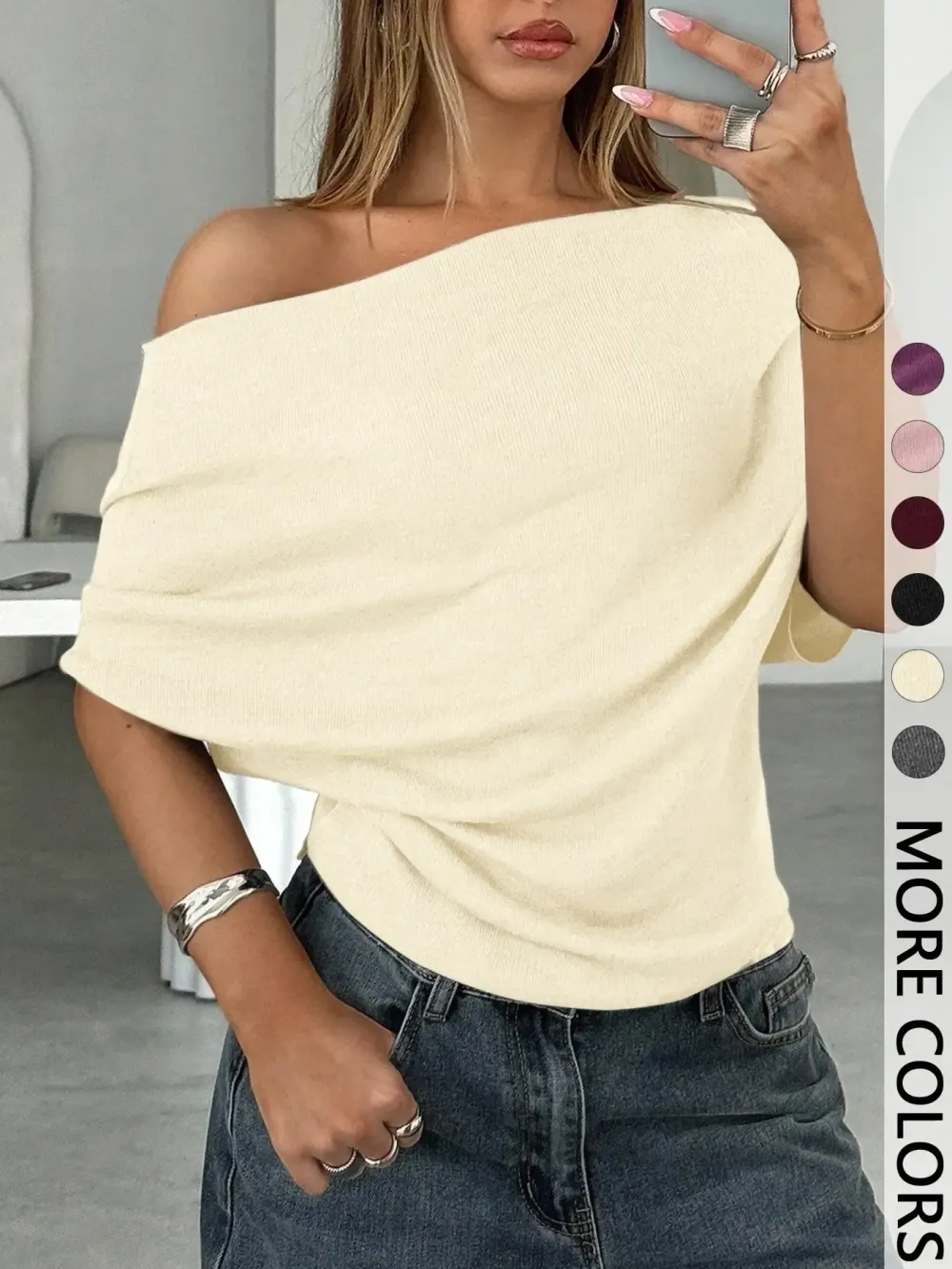 Women's Summer Autumn Plain Asymmetrical Shoulder Batwing Sleeve Knit T-Shirt