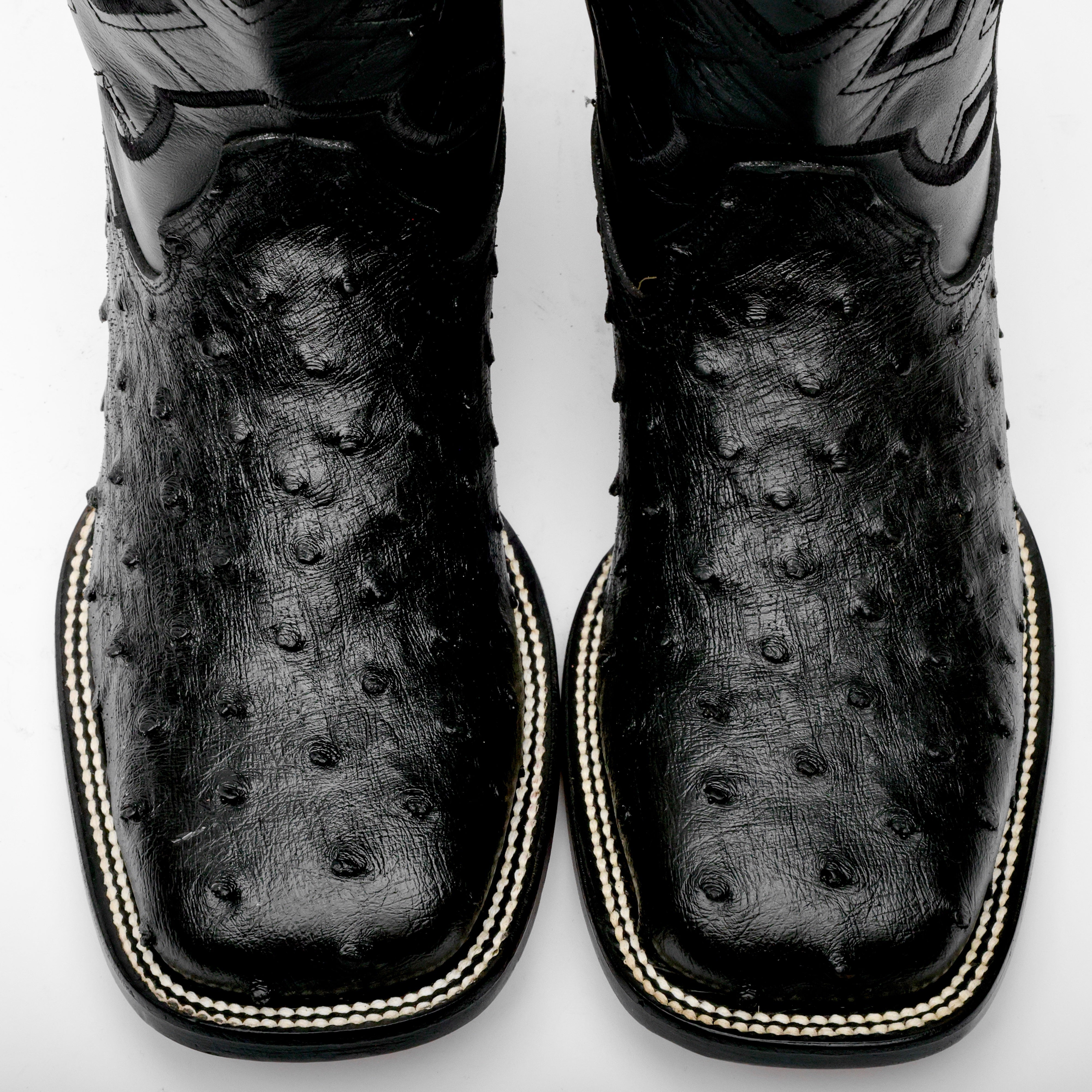 Black Ostrich Leather Boots - Square Toe