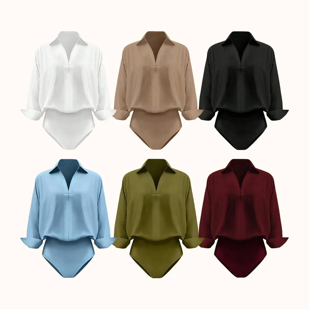 Women's casual loose V-neck long-sleeved shirt jumpsuit, elegant woven fabric, slim fit