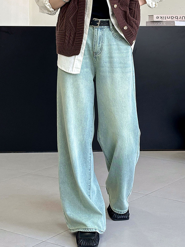 No Belt Pockets High Waisted Loose Jean Pants Bottoms