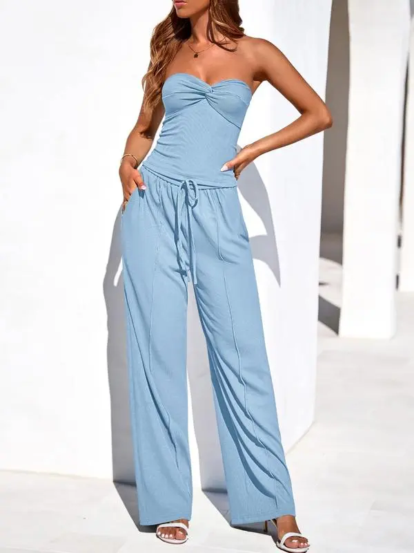 Two-Piece Sets For Women Summer Ribbed Strapless Twist Knot Tube Top Pants Set