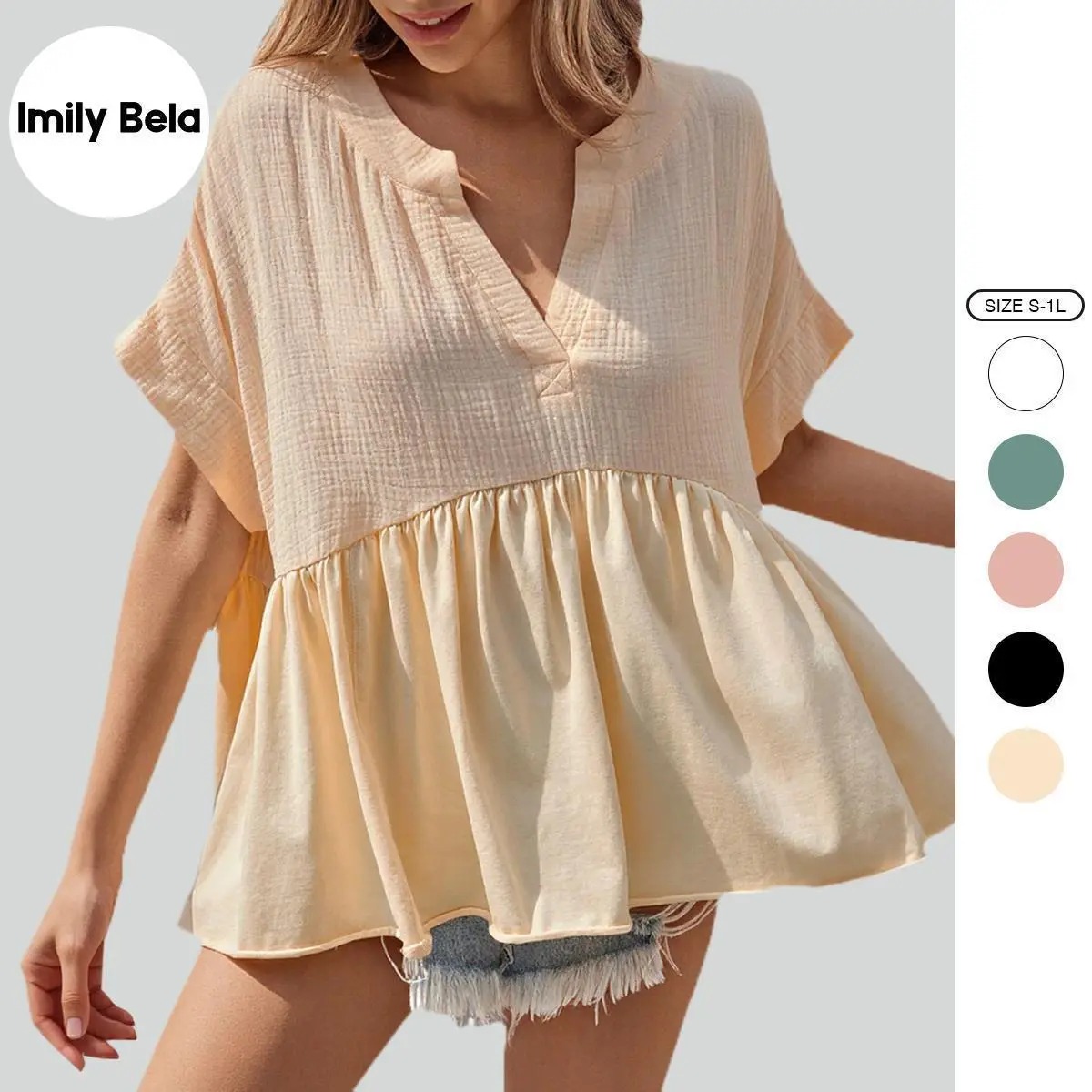 Womens Summer Babydoll Tops V Neck Short Sleeve Pleated Flowy Shirts Casual Loose Fit Peplum Blouse