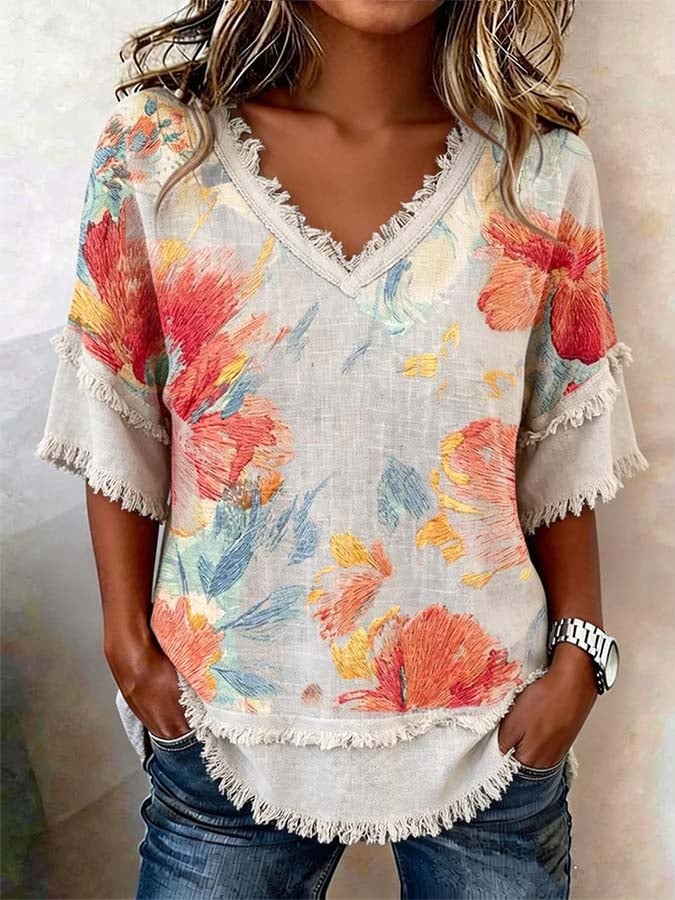 🔥Free Shipping Over $69🔥Women'S Casual Frayed-Edge Spliced ​​Printed Top