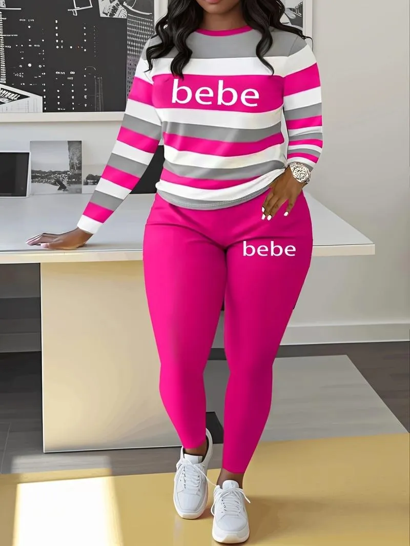 Women's Striped Bebe Letter Print Casual Autumn Winter Round Neck Long Sleeve Top & Pants Set