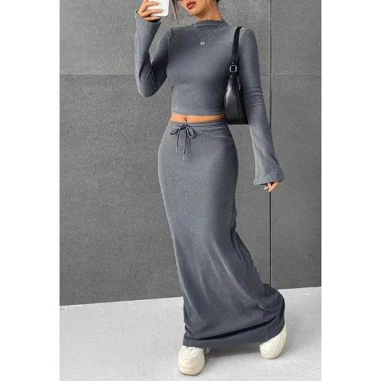 Women Flounce Sleeve Crop Tee Skirt Two-piece Set