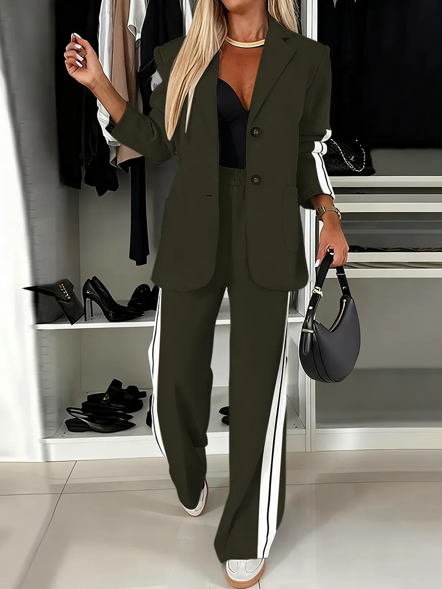 Women's Striped Print Blazer Jacket & Wide Leg Pants Set