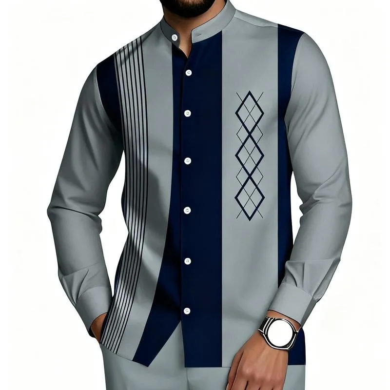 2 piece men's black and white vertical stripe graphic printed button up collar top and drawstring waist casual pants