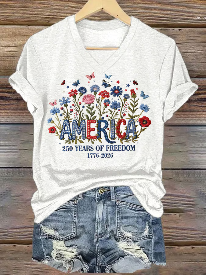 Women's casual retro American 250th Print T-shirt