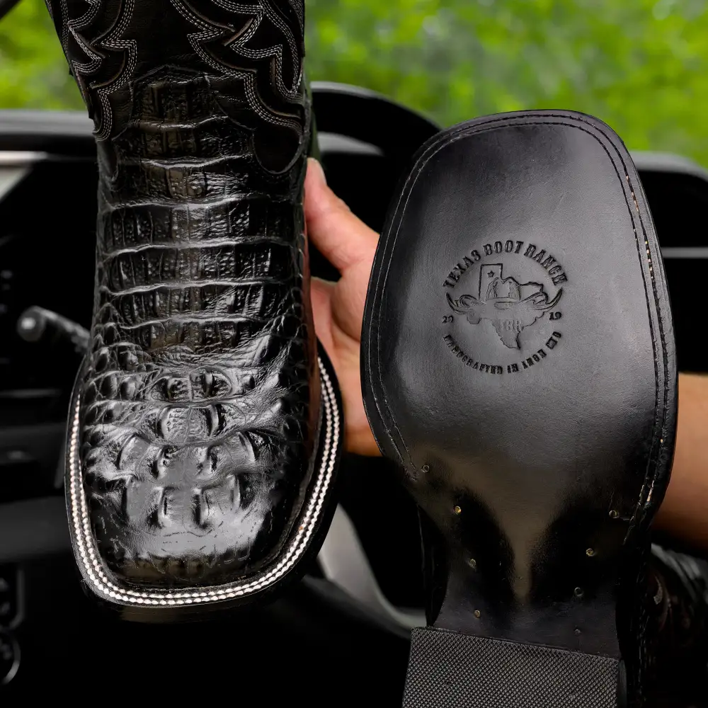 Black Caiman Neck Leather Boots - Square Toe