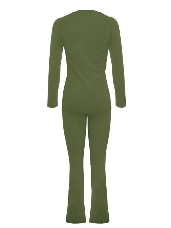 Women's Fashion New Round Neck Solid Color Patch Long Sleeve Top & Pants Set, Two-Piece for Casual Wear