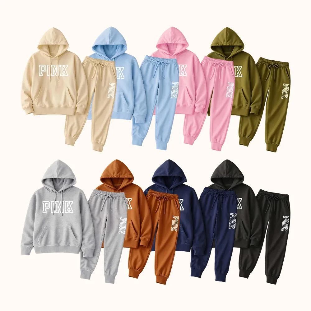 Women's Pink Print Hoodie And Drawstring Track Pants Set, Casual Sportswear