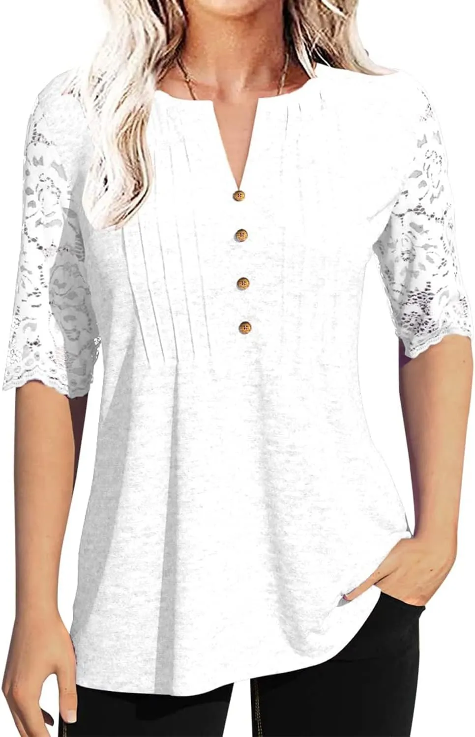 Women's Lace Sleeve Summer T-Shirt V-Neck Botton Up Basic Solid Color Casual Tunic Tops