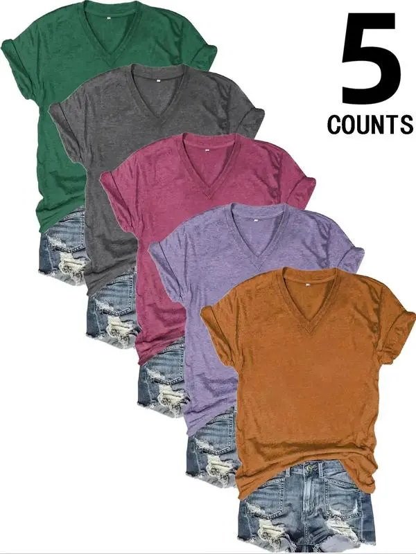 Women's Solid Short Sleeve V Neck Tee