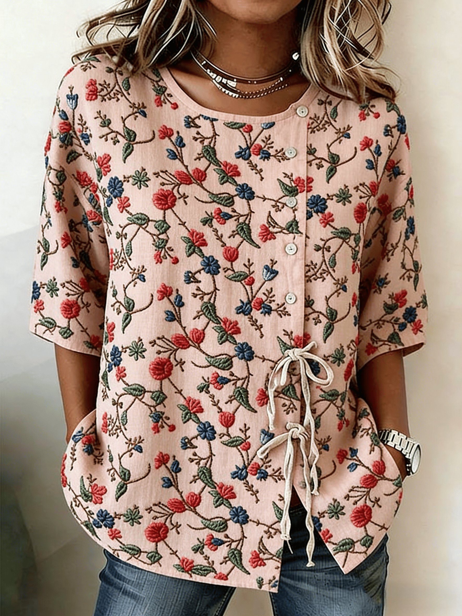 Women's Literary Retro Floral Print Tie Waist Linen Style Blouse- Fast Shipping