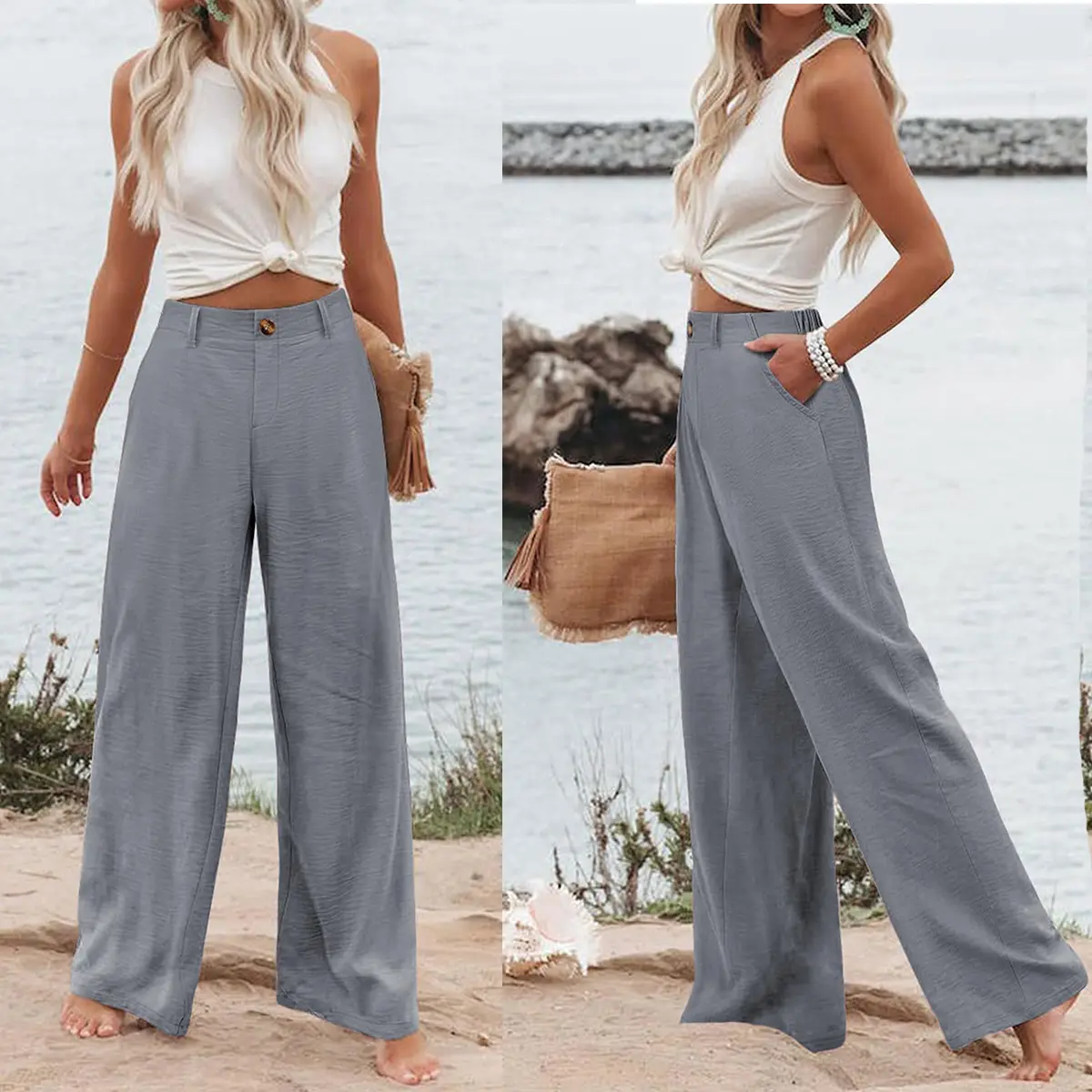 Kingapril Womens Cotton Linen Pants Casual Button Up High Waisted Wide Leg Trousers