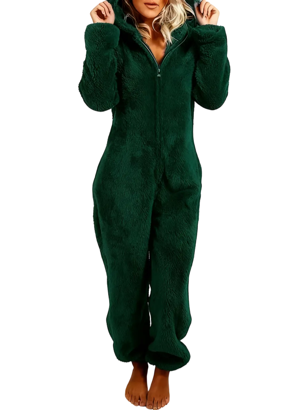 Women's Solid Zipper Hooded Plush Pajama Jumpsuit