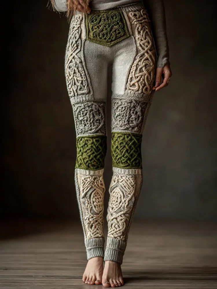 Vintage Viking Geometry Celtic Pattern Knit Art Cozy Leggings