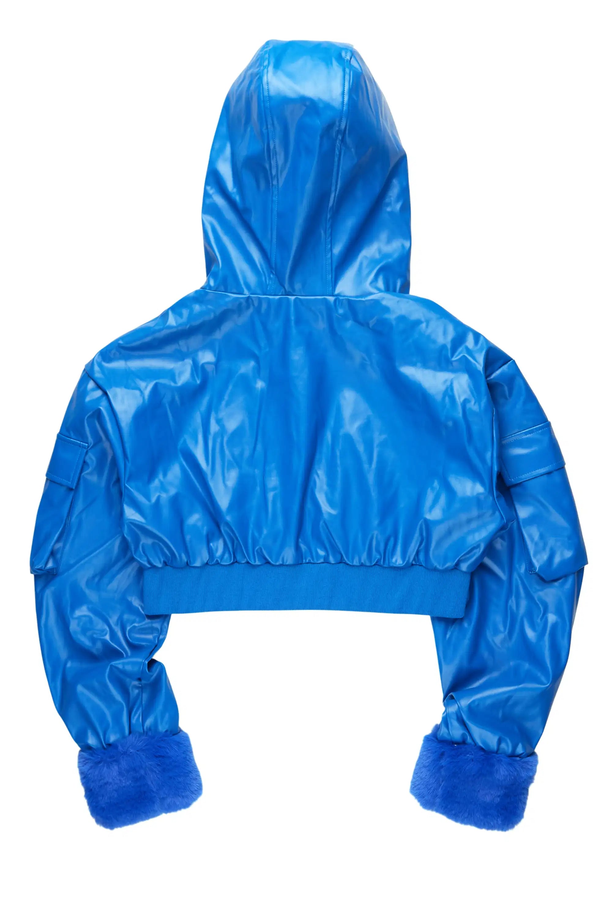 Amyia Royal Blue PU Jacket With Fur Hood