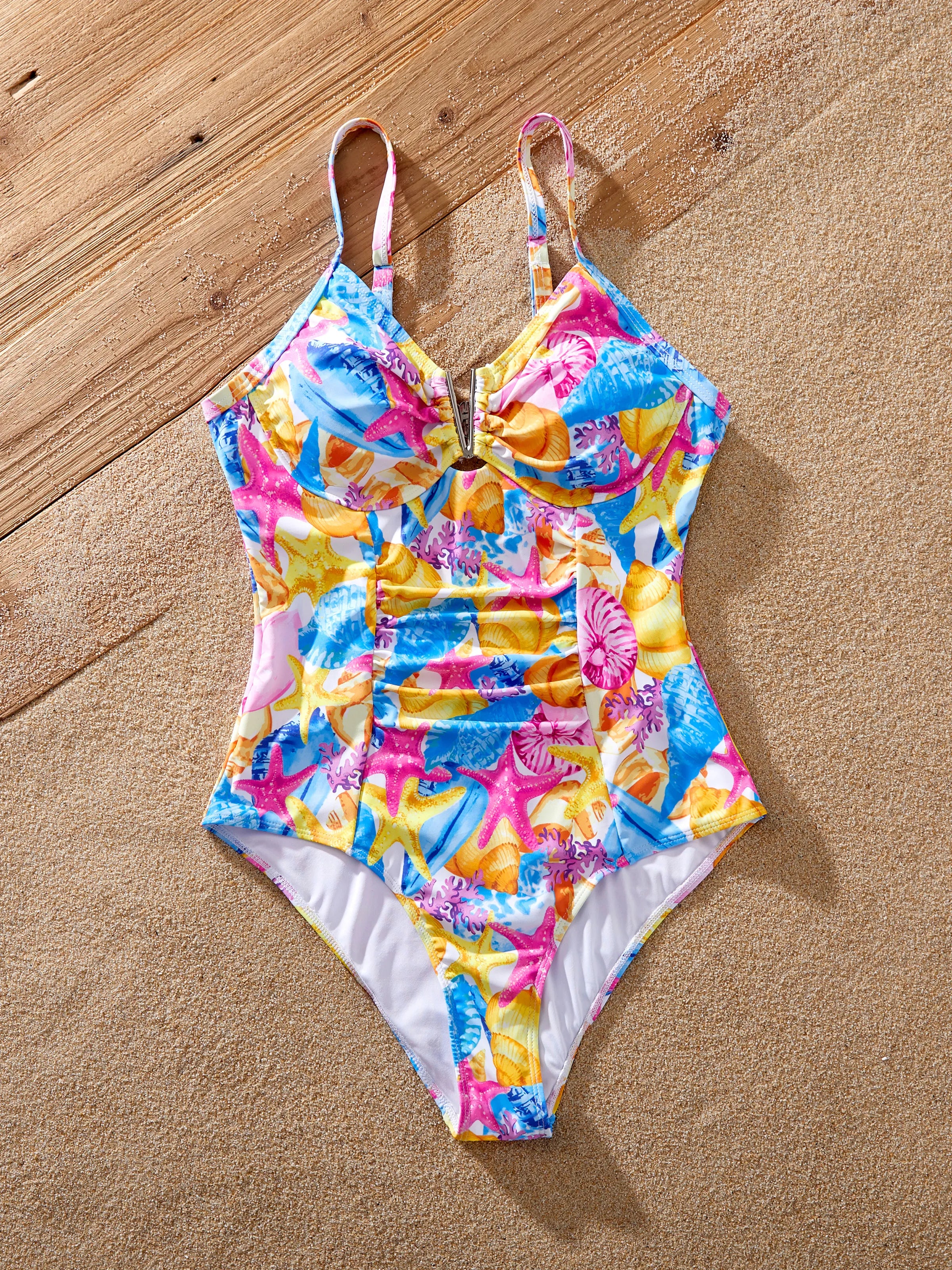Family Matching Seashell & Starfish Print Swimsuits Ruched One-Piece & Swim Trunks Set Multi-color