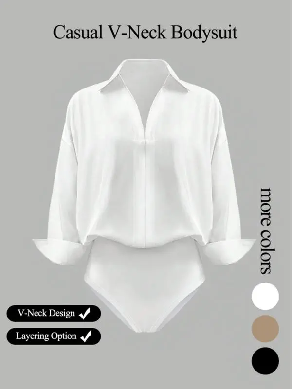 Women's casual loose-fitting V-neck long-sleeved shirt jumpsuit, made from elegant woven fabric