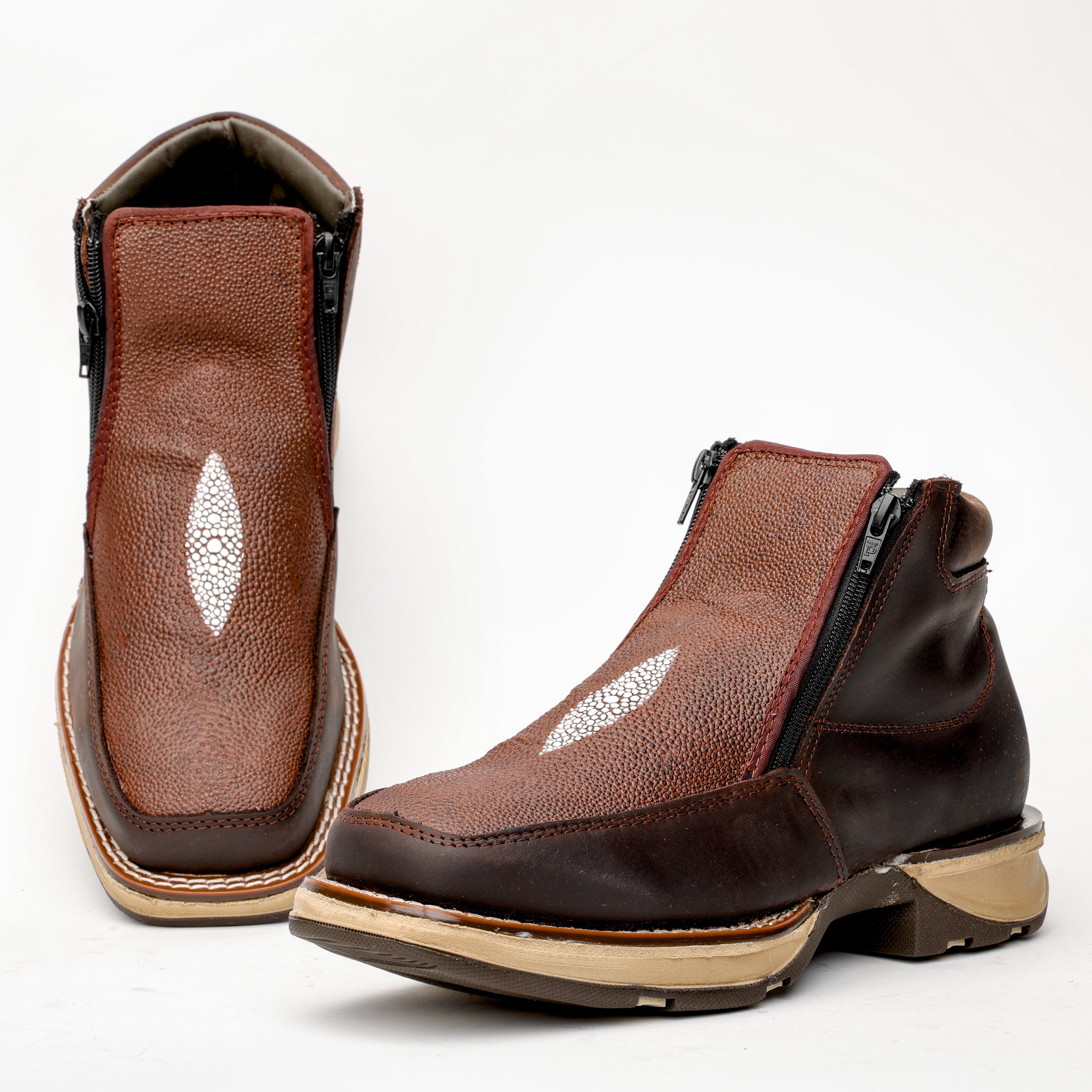 Brown Stingray Leather Botin With 3D Lightweight Soles - Square Toe