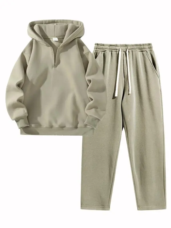 🔥Last Day Promotion 89% OFF🔥Men'S Plain Drop Shoulder Sweatsuit Set, Casual Half Zip Hoodie & Drawstring Sweatpants With Pocket