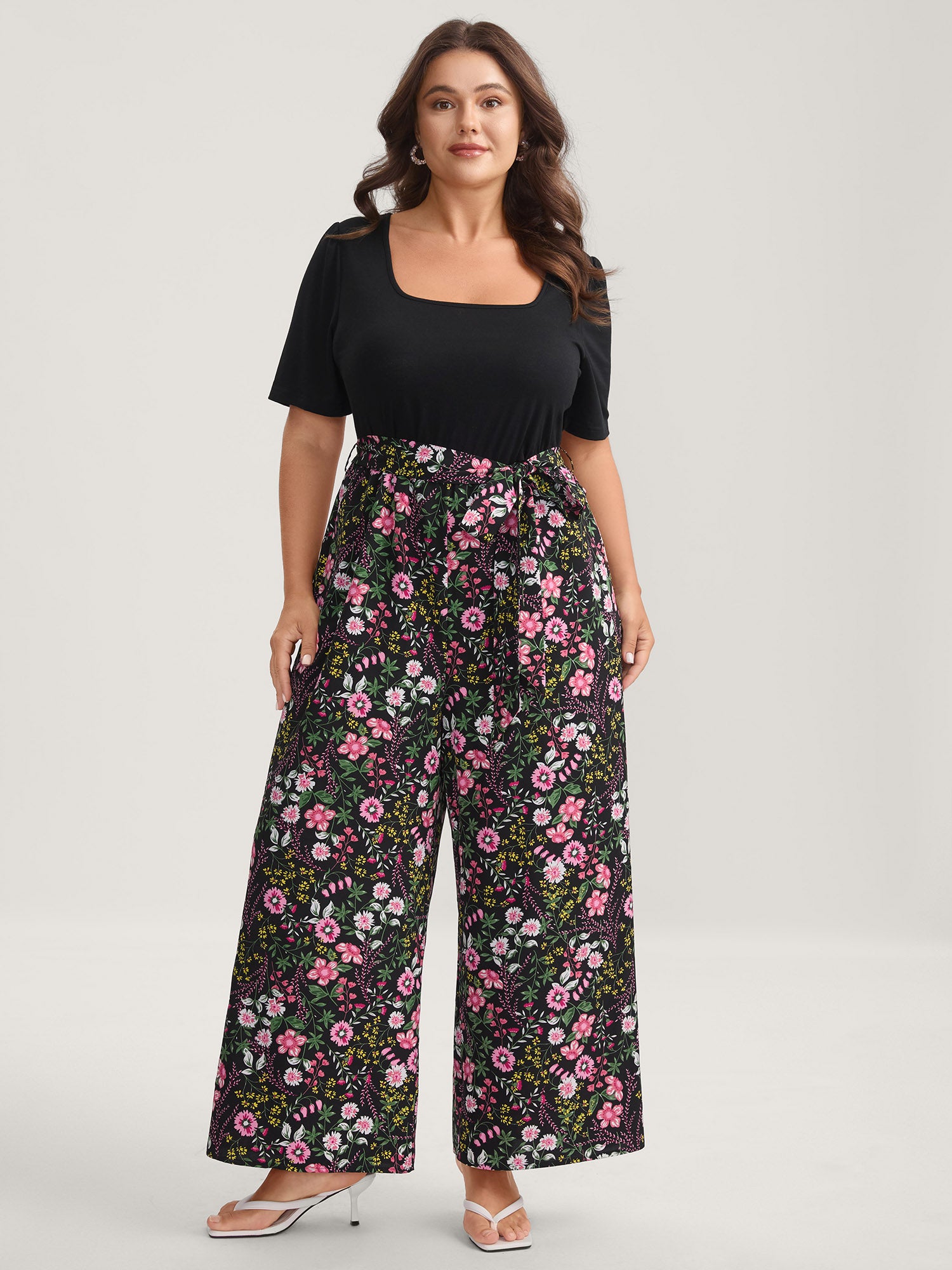 Color Contrast Belted Panel Pockets Jumpsuit
