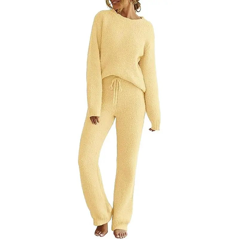 Women Fuzzy Fleece Long Sleeve Pajama Loungewear Set