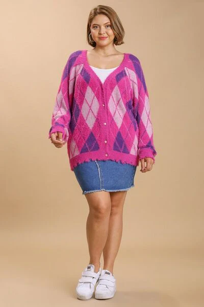Full Size Argyle Pattern V-Neck Button Front Cardigan