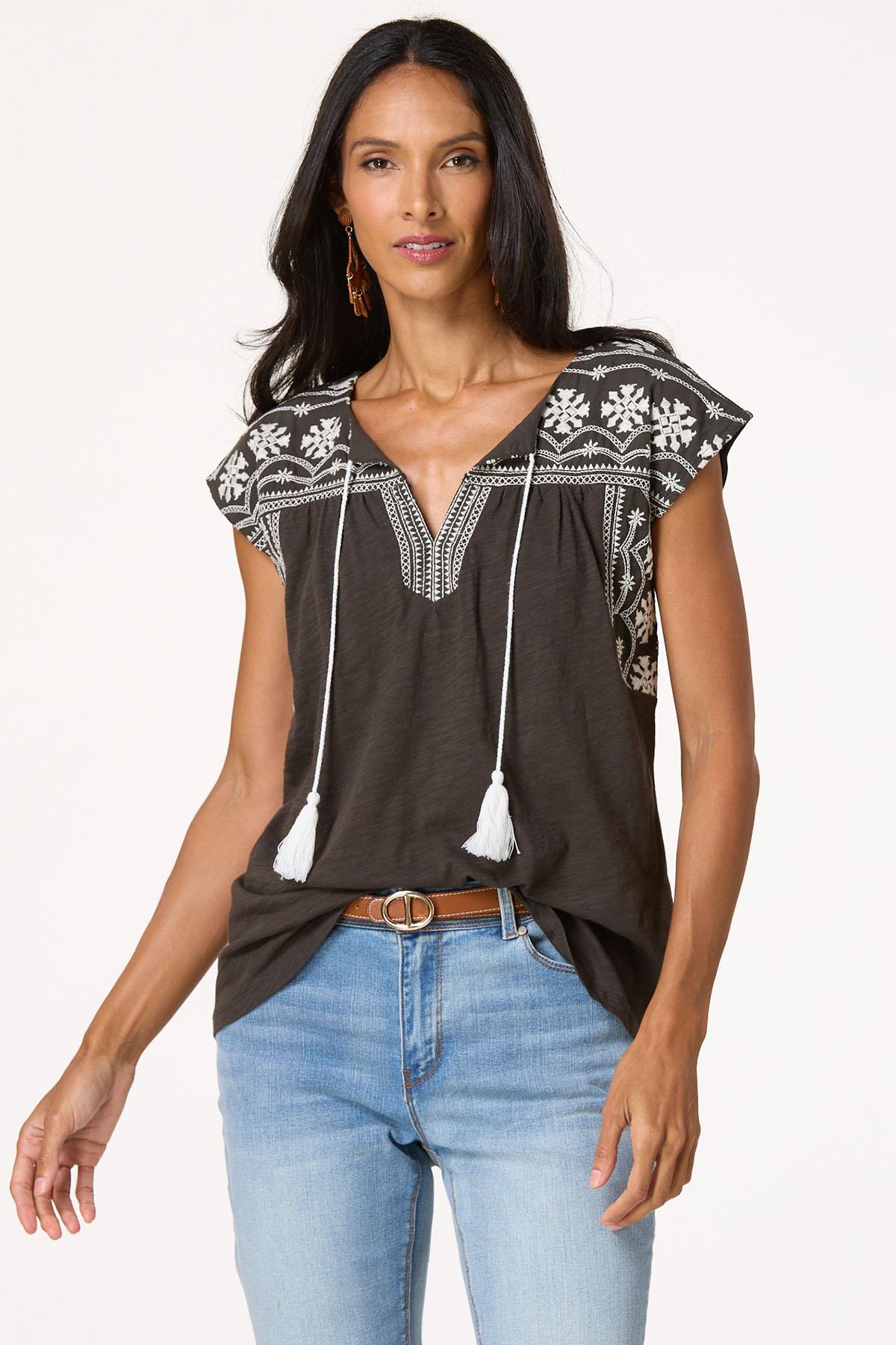 Tasseled Embroidered Shoulder Tee