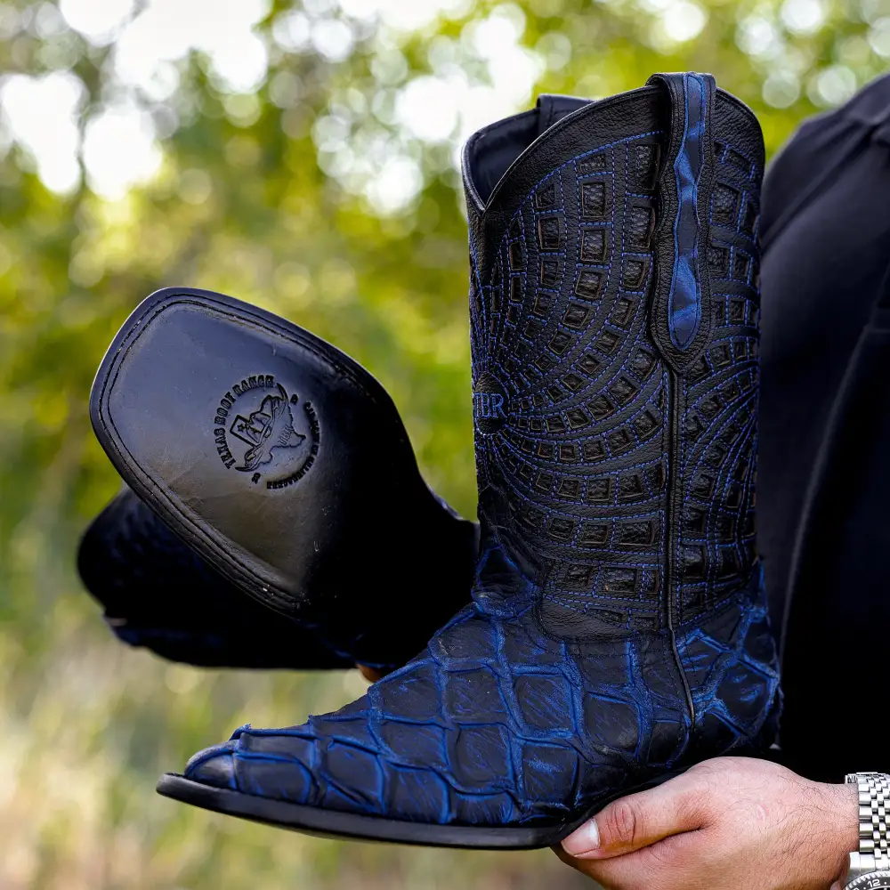 Matte Rustic Electric Blue Pirarucu Leather Boots - Square Toe