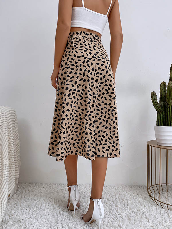 Printed Split-Front Tied Waist A-Line High-Low Skirts Bottoms