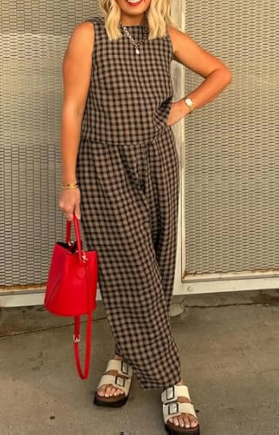 Women's Plaid Print Tank Top & Pants Two-piece Set