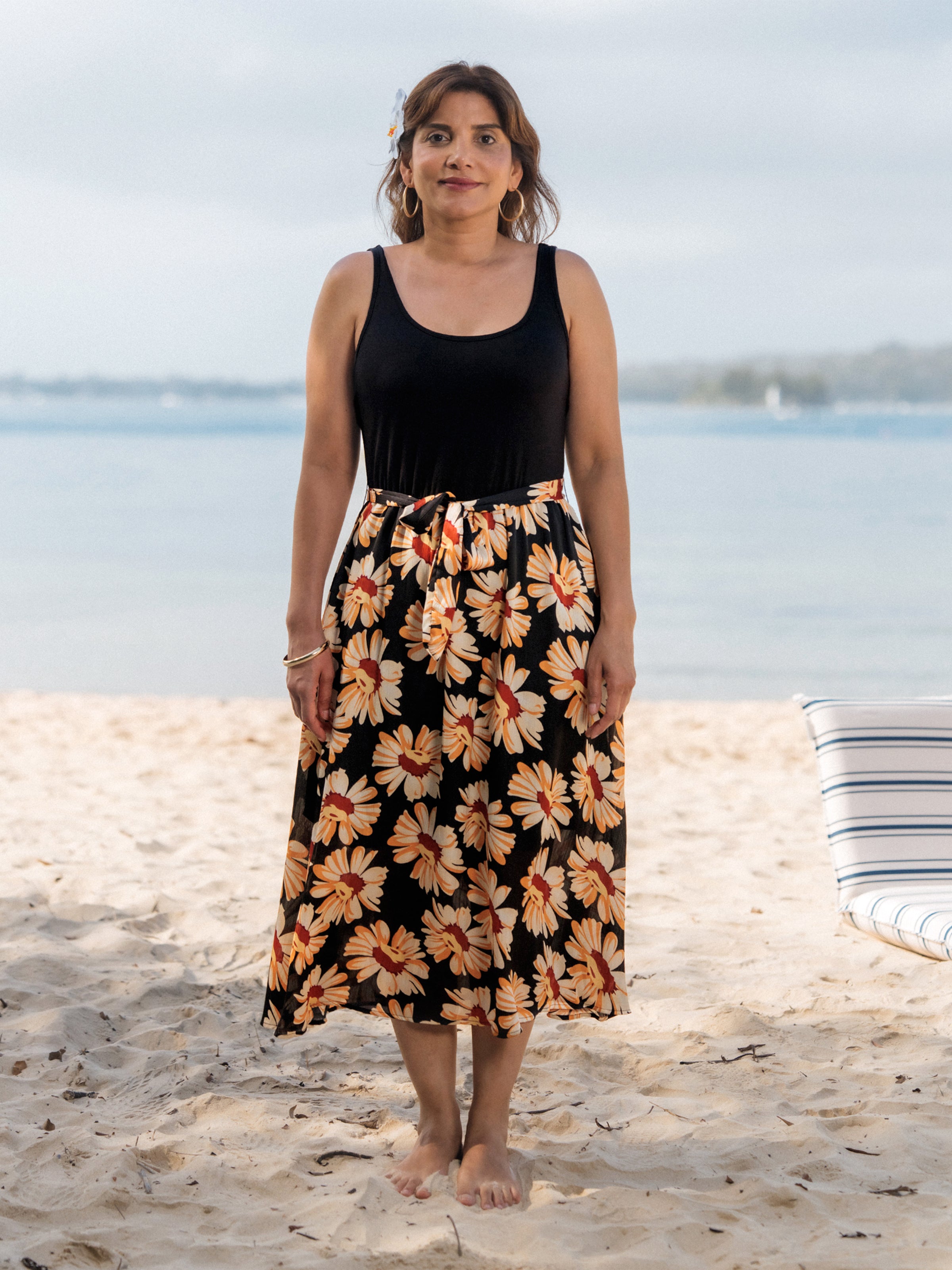 Family Matching Set Floral Sleeveless Strappy Dress or Colorblock Short-sleeve T-shirt  Black