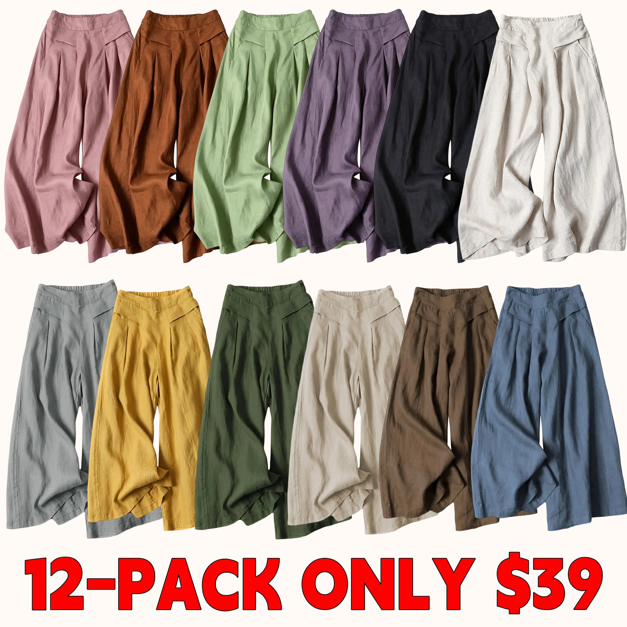 Women's Cotton-Linen Wide-Leg Pants — Elastic Waist, Wide-Leg Trousers & Capris (With Pockets)