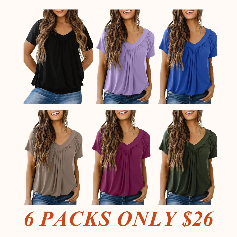 Women's Casual Summer Short Sleeve V Neck Tops T-shirts - Loose Fit & Comfortable Shirring Top