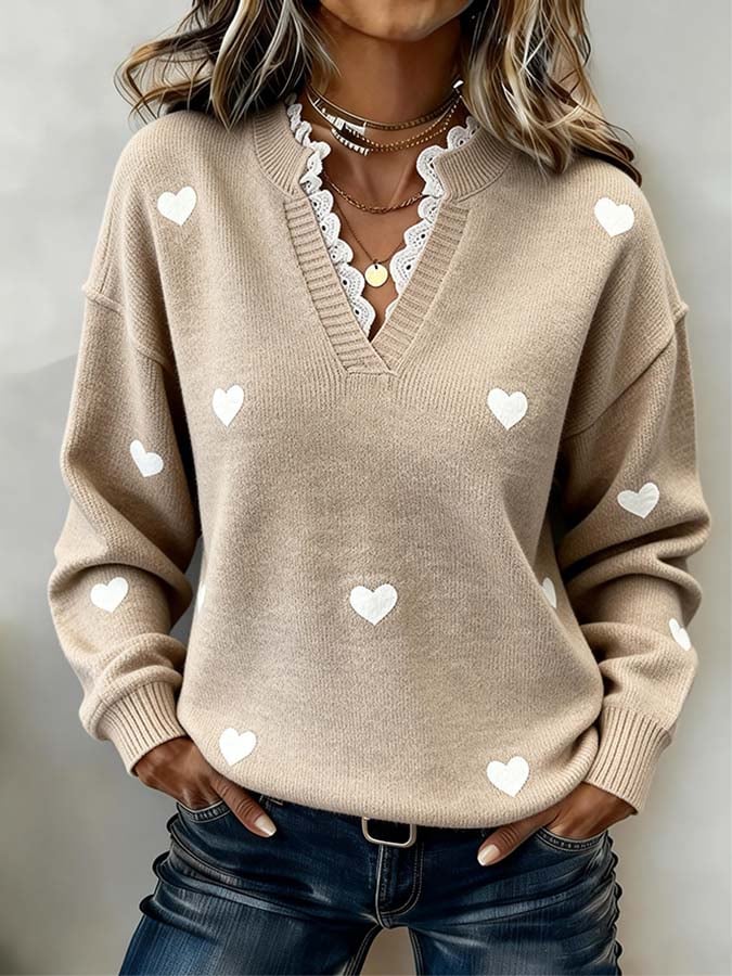 Women'S Casual Heart-Shaped Lace Patchwork Sweater