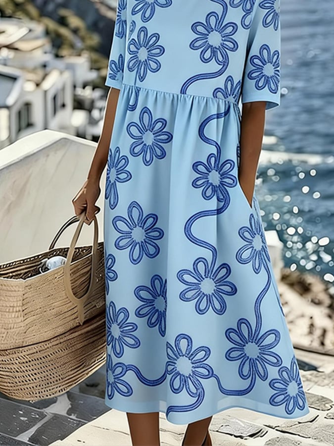 Women'S Vacation Round Neck Short Sleeve Printed Dress- Fast Shipping