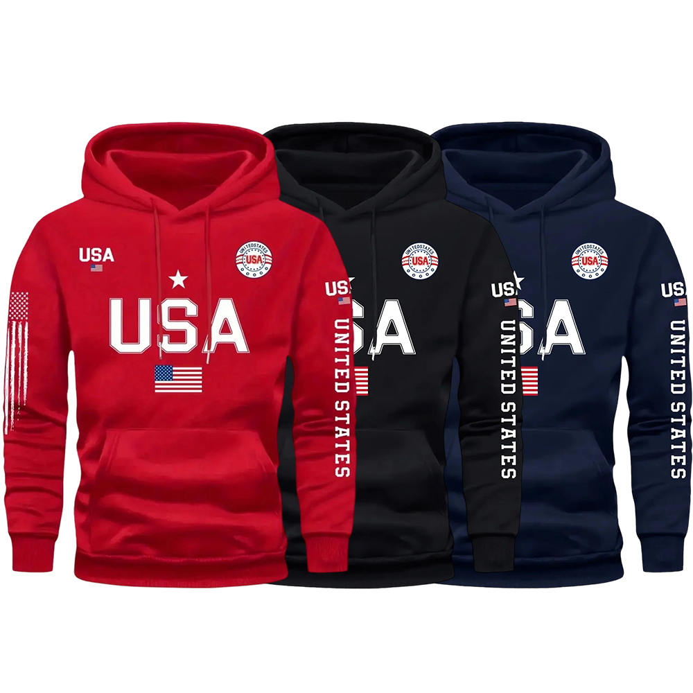 USA flag print hoodie men's fleece sweatshirt, 2026 spring pullover hooded sports hoodie