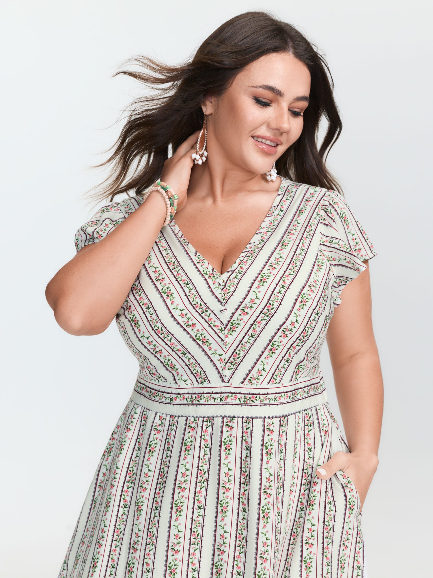 Floral Striped Print Pockets V-Neck Mini Dress